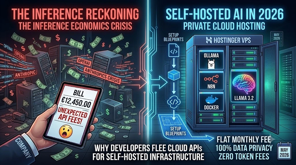 A futuristic split-screen graphic contrasting expensive AI API bills from OpenAI and Anthropic on a digital tablet (left) against a clean, self-hosted private cloud server setup running Docker, Ollama, and n8n on Hostinger VPS (right)